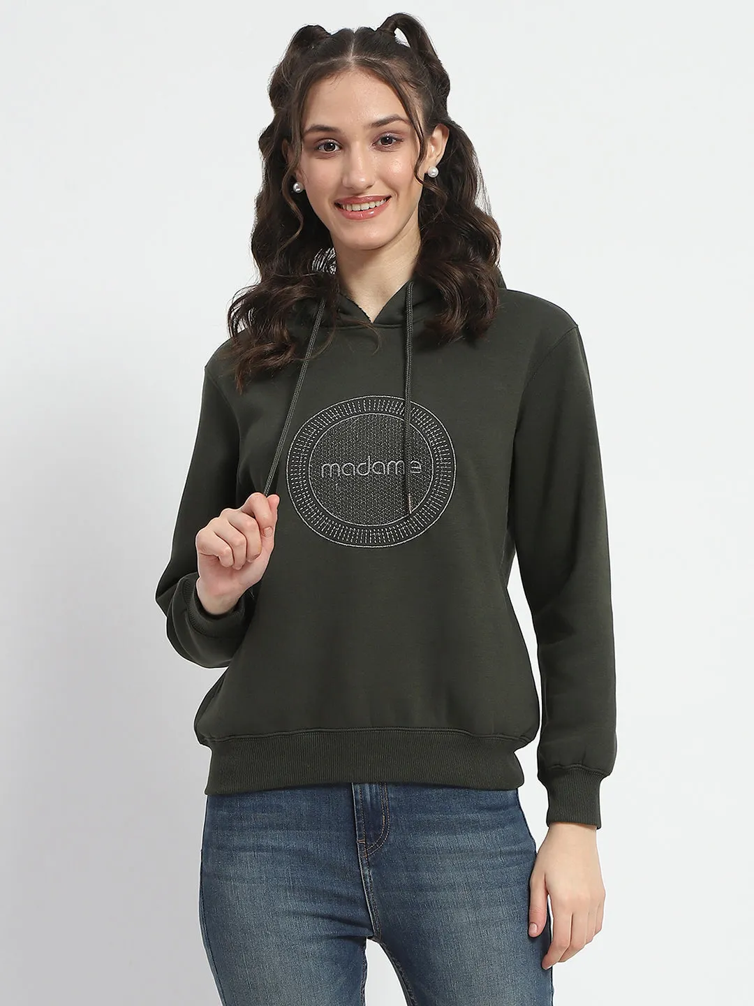 Madame Abstract Print Hooded Olive Cotton Sweatshirt
