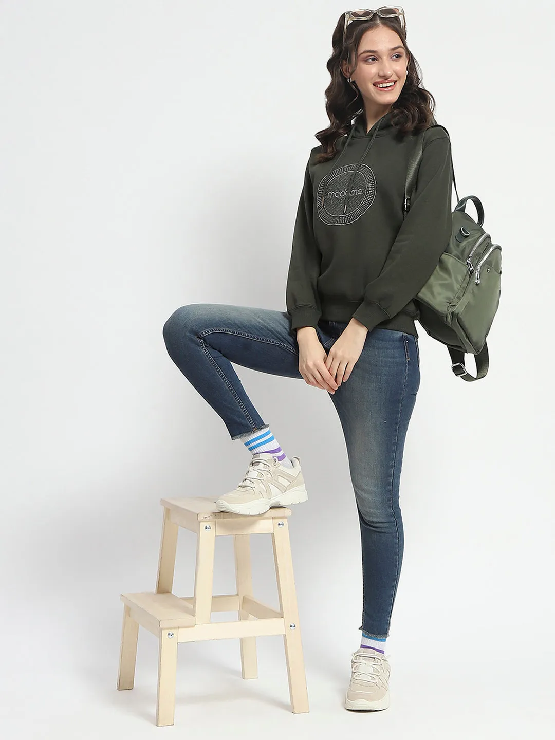 Madame Abstract Print Hooded Olive Cotton Sweatshirt