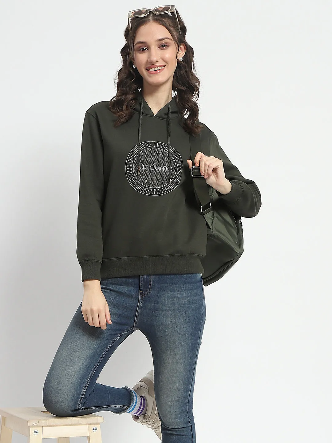 Madame Abstract Print Hooded Olive Cotton Sweatshirt