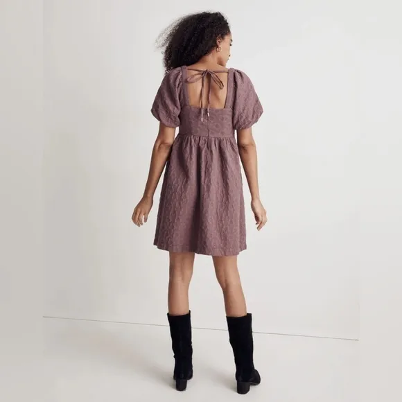 Madewell Floral Quilted Puff-Sleeve Mini Dress in Fig Purple Size Small NWT