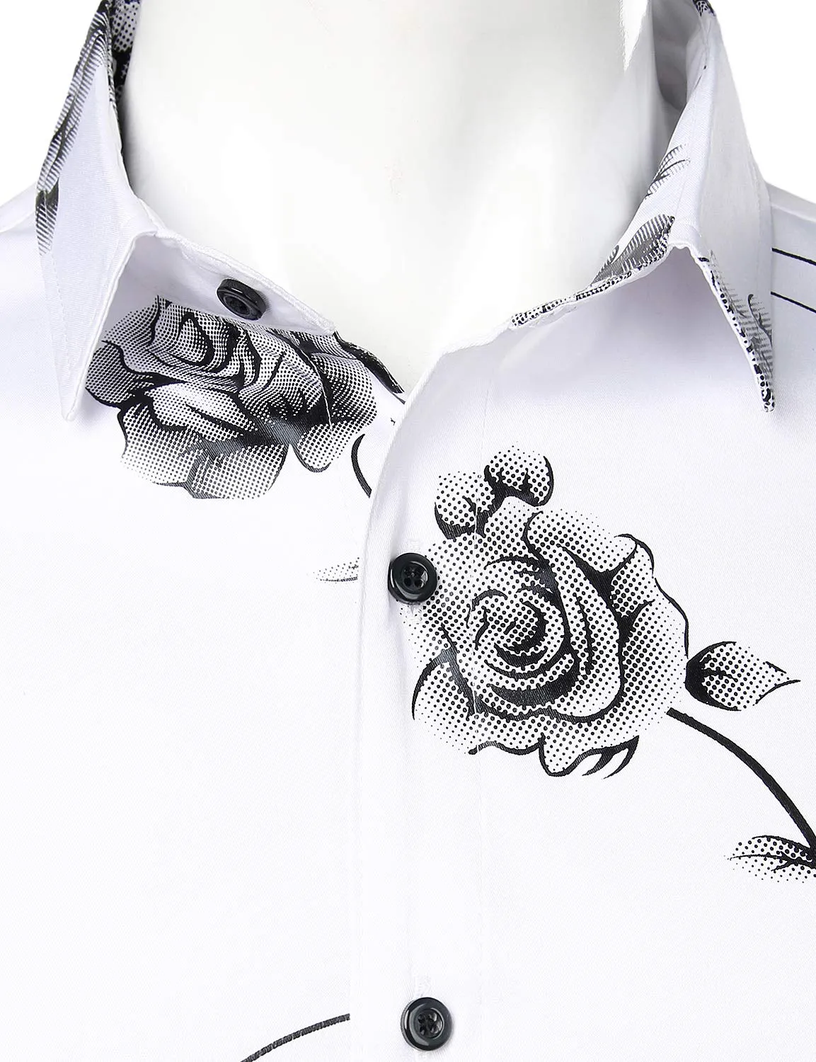 Men's Casual Rose Floral Print Button Up Long Sleeve Shirt