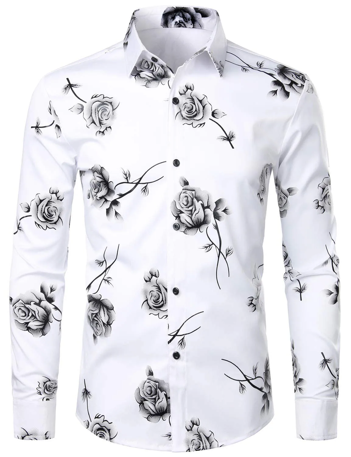 Men's Casual Rose Floral Print Button Up Long Sleeve Shirt