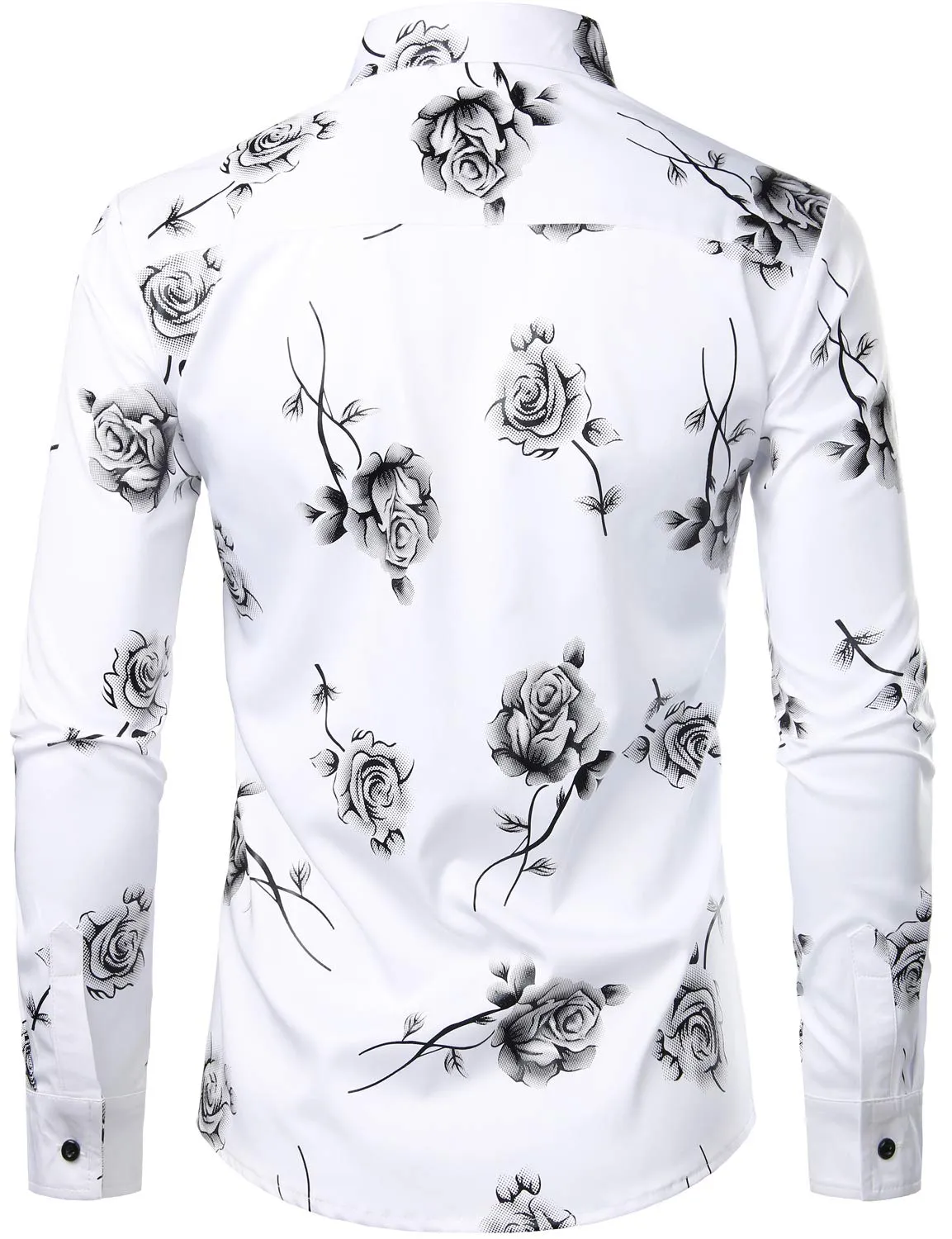 Men's Casual Rose Floral Print Button Up Long Sleeve Shirt