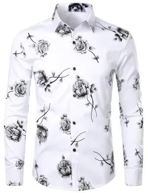 Men's Casual Rose Floral Print Button Up Long Sleeve Shirt