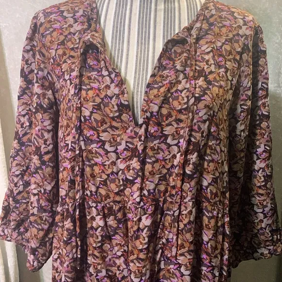 Natural Life Dark Floral Tiered Tie Neck Maxi Dress size L/XL Bohemian Peasant