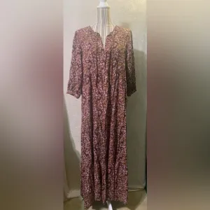 Natural Life Dark Floral Tiered Tie Neck Maxi Dress size L/XL Bohemian Peasant