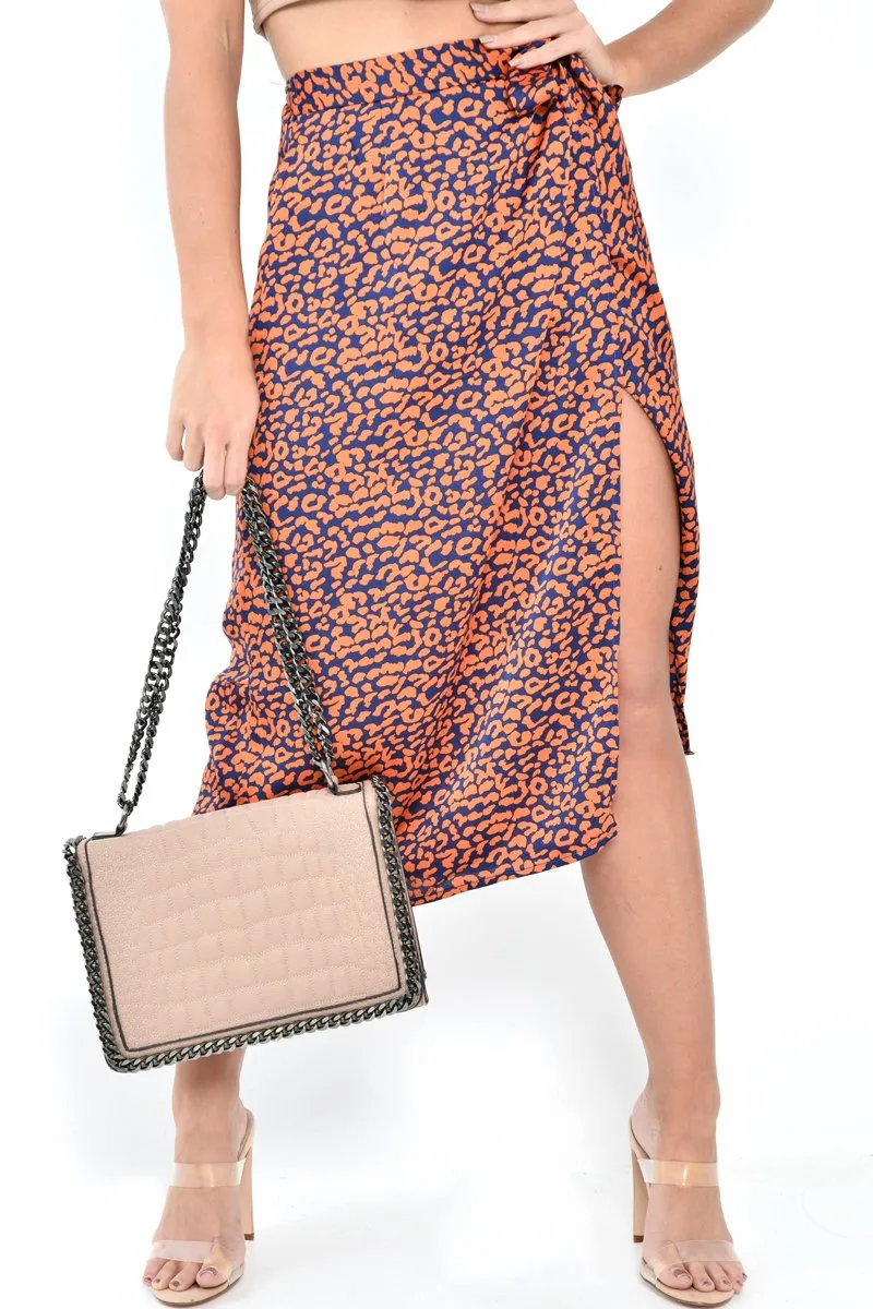 Orange Blue Leopard Print Wrap Skirt - Elloise