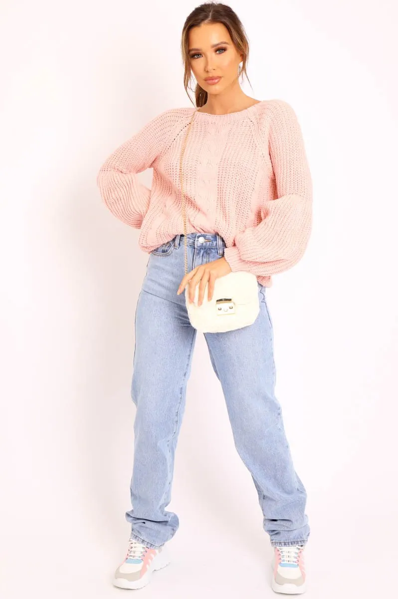Pink Cable Knit Balloon Sleeve Jumper - Elicia