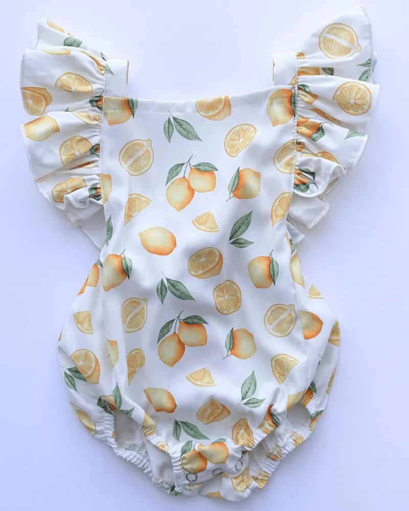 PREORDER! Shiloh Ruffle Back Romper - White with Lemons