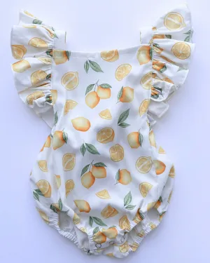 PREORDER! Shiloh Ruffle Back Romper - White with Lemons