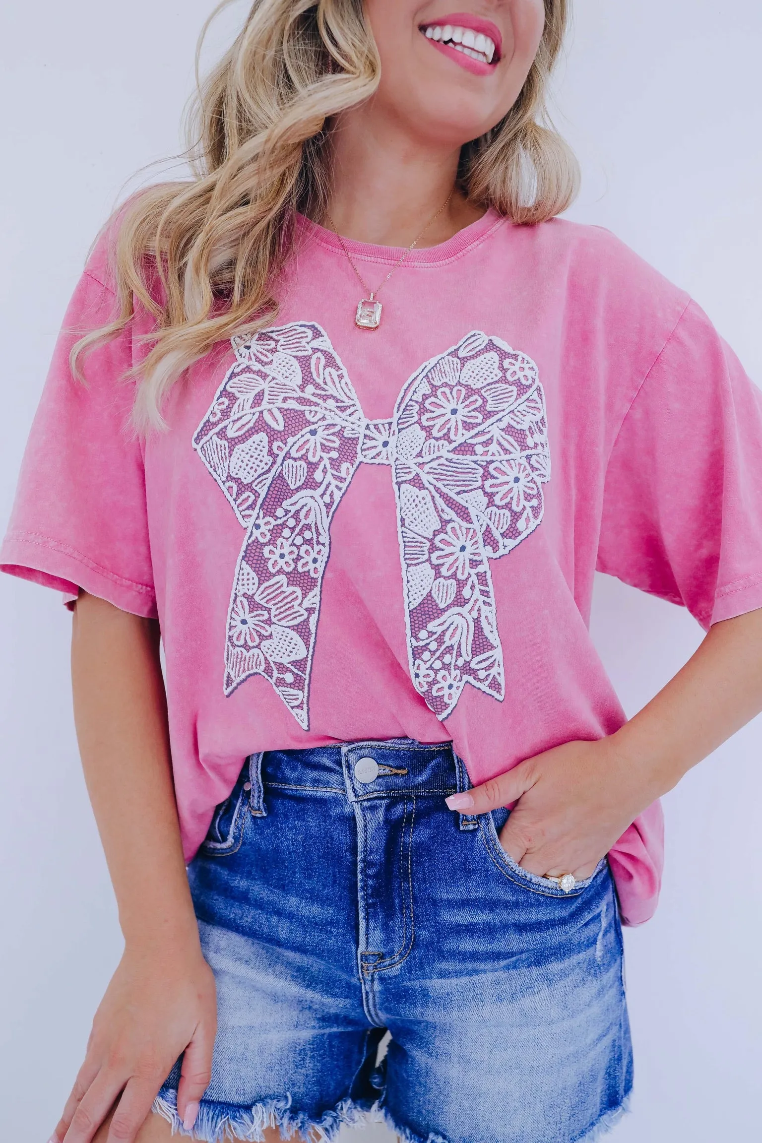 "Puff" Lace Bow Mineral Wash Graphic Tee - Pink