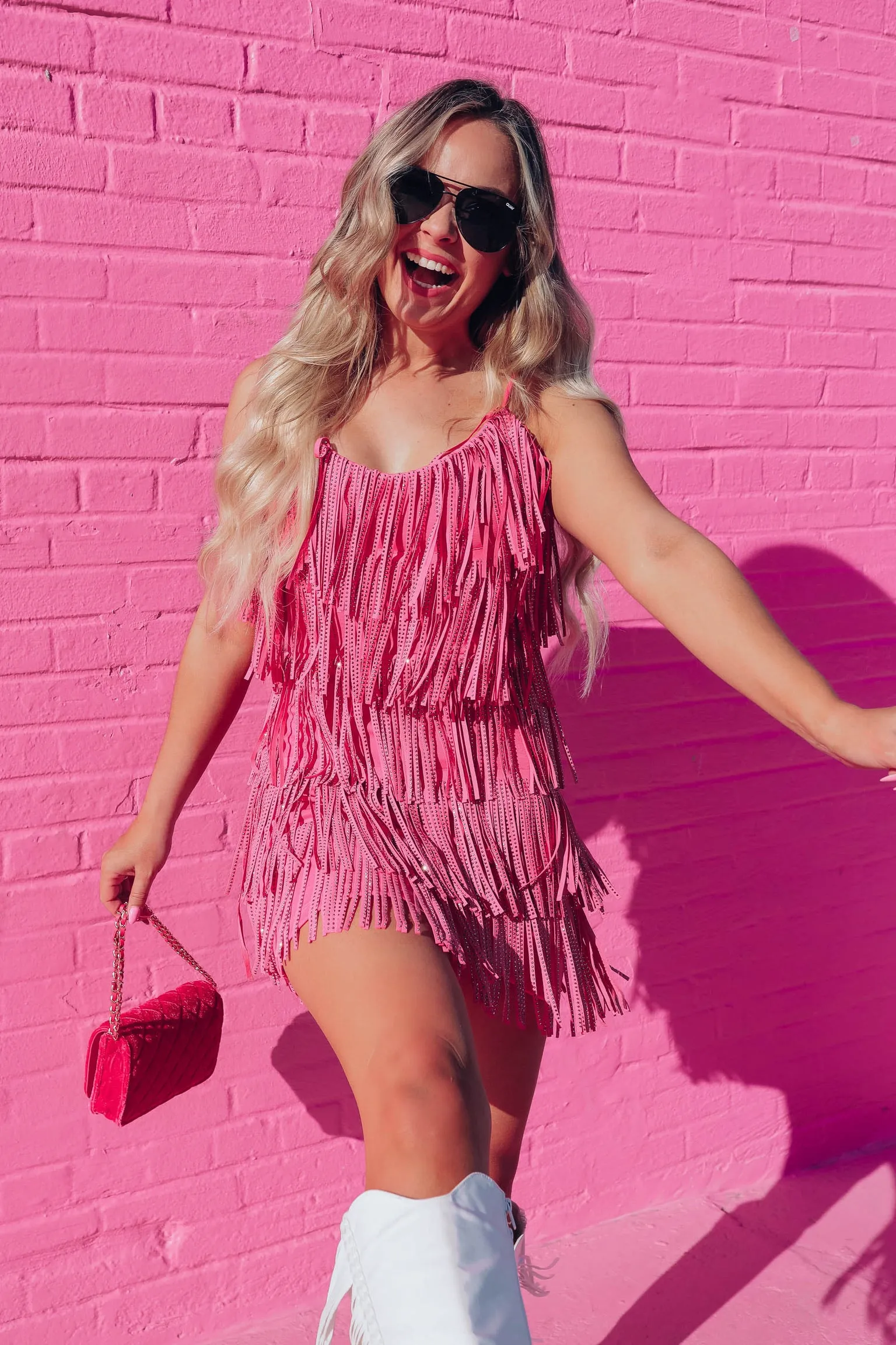 Rhinestone Diva Fringe Dress - Pink