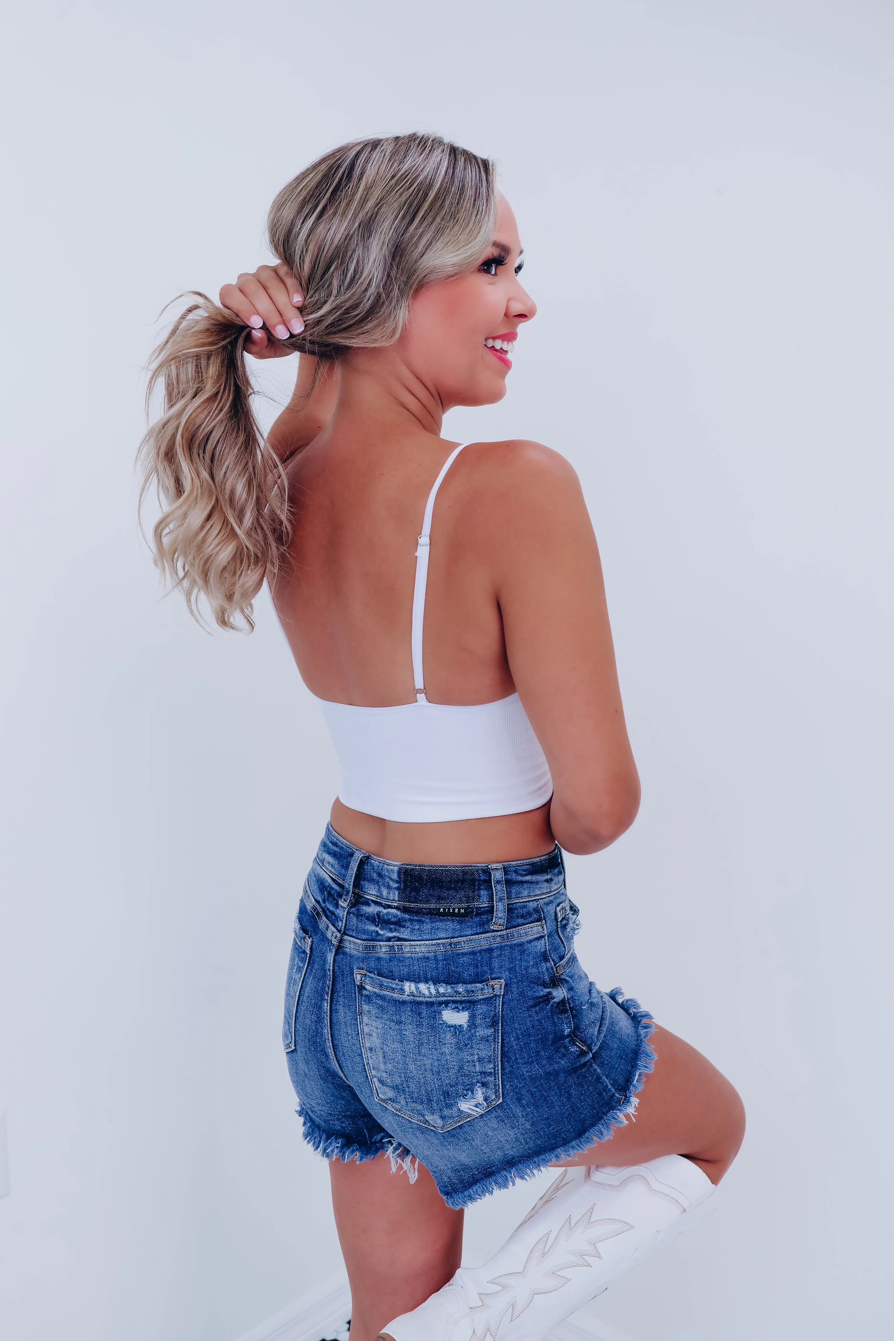 Riveting Ribbed Hem Cropped Brami - White
