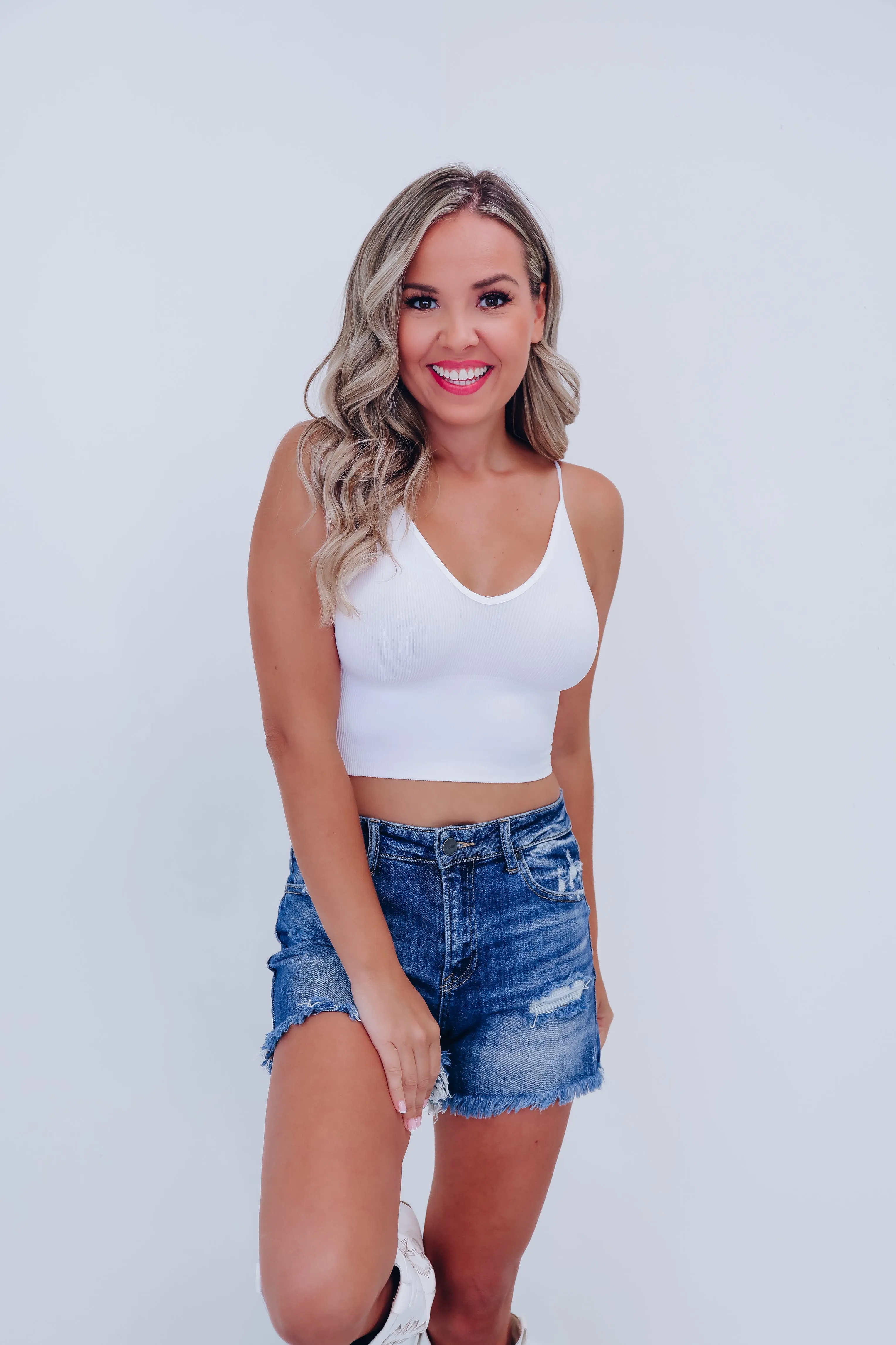 Riveting Ribbed Hem Cropped Brami - White