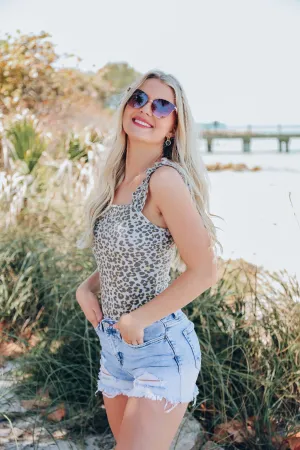 Ruffle Ribbed Bodysuit - Grey Leopard