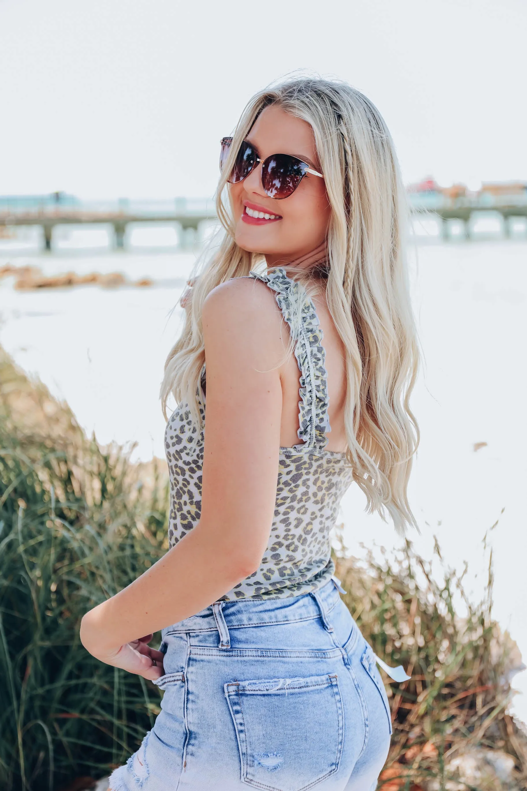 Ruffle Ribbed Bodysuit - Grey Leopard