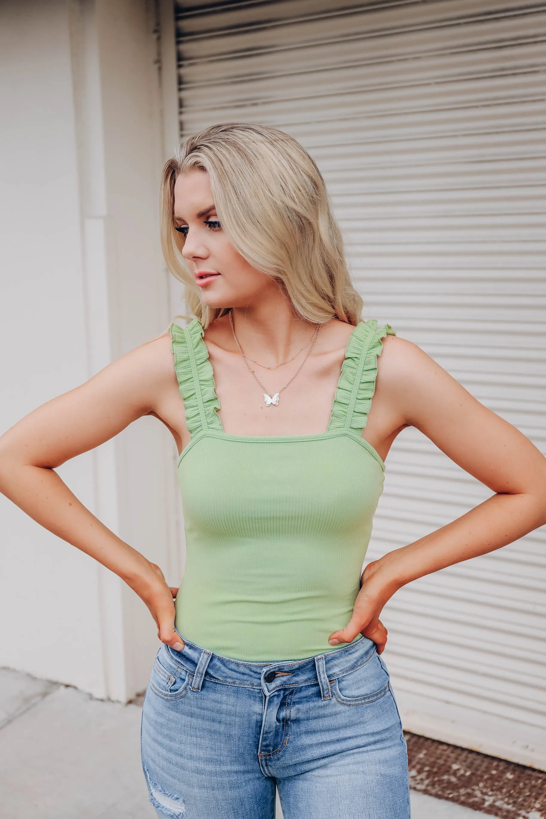 Ruffle Ribbed Bodysuit - Pale Green
