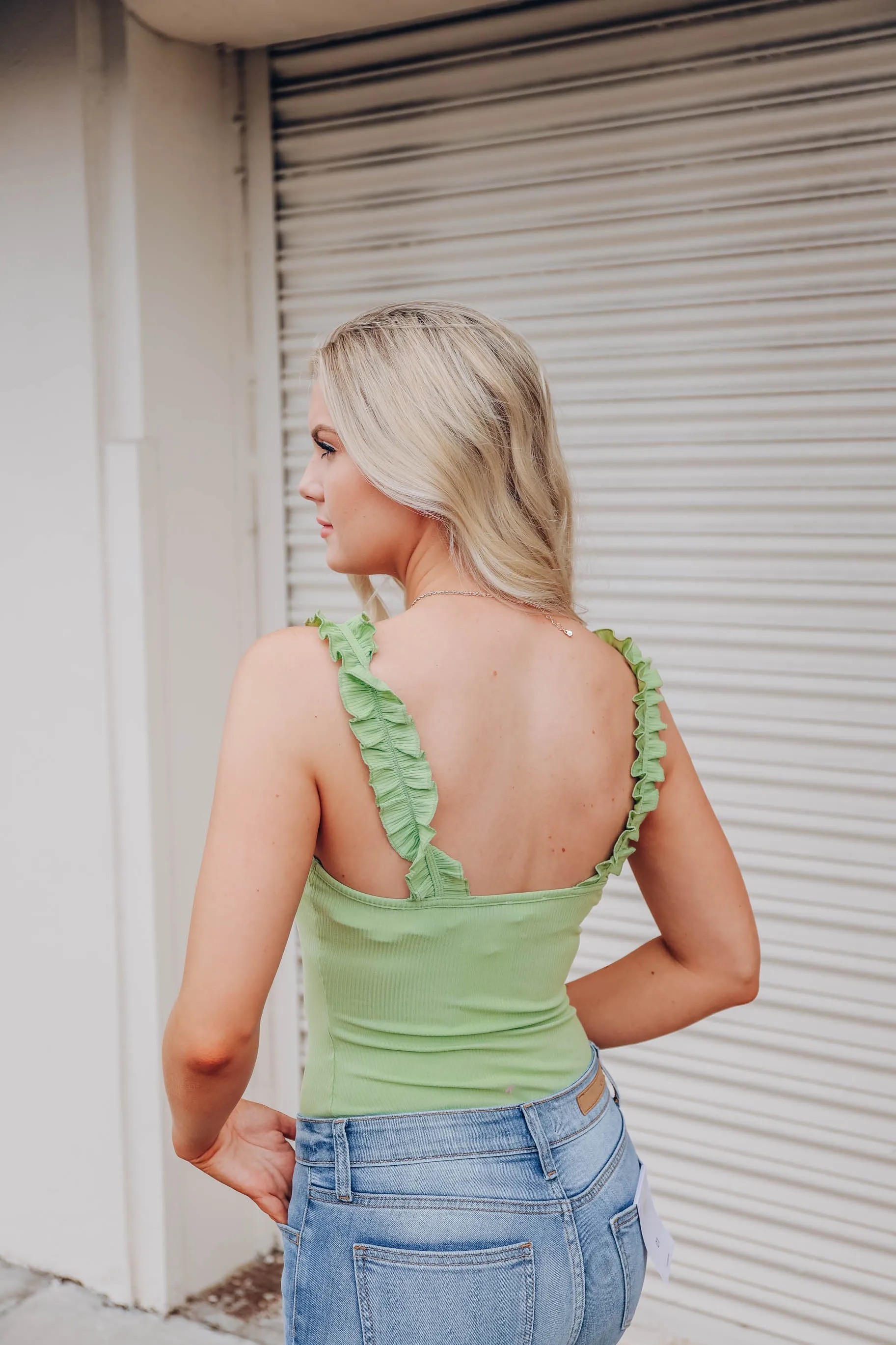 Ruffle Ribbed Bodysuit - Pale Green