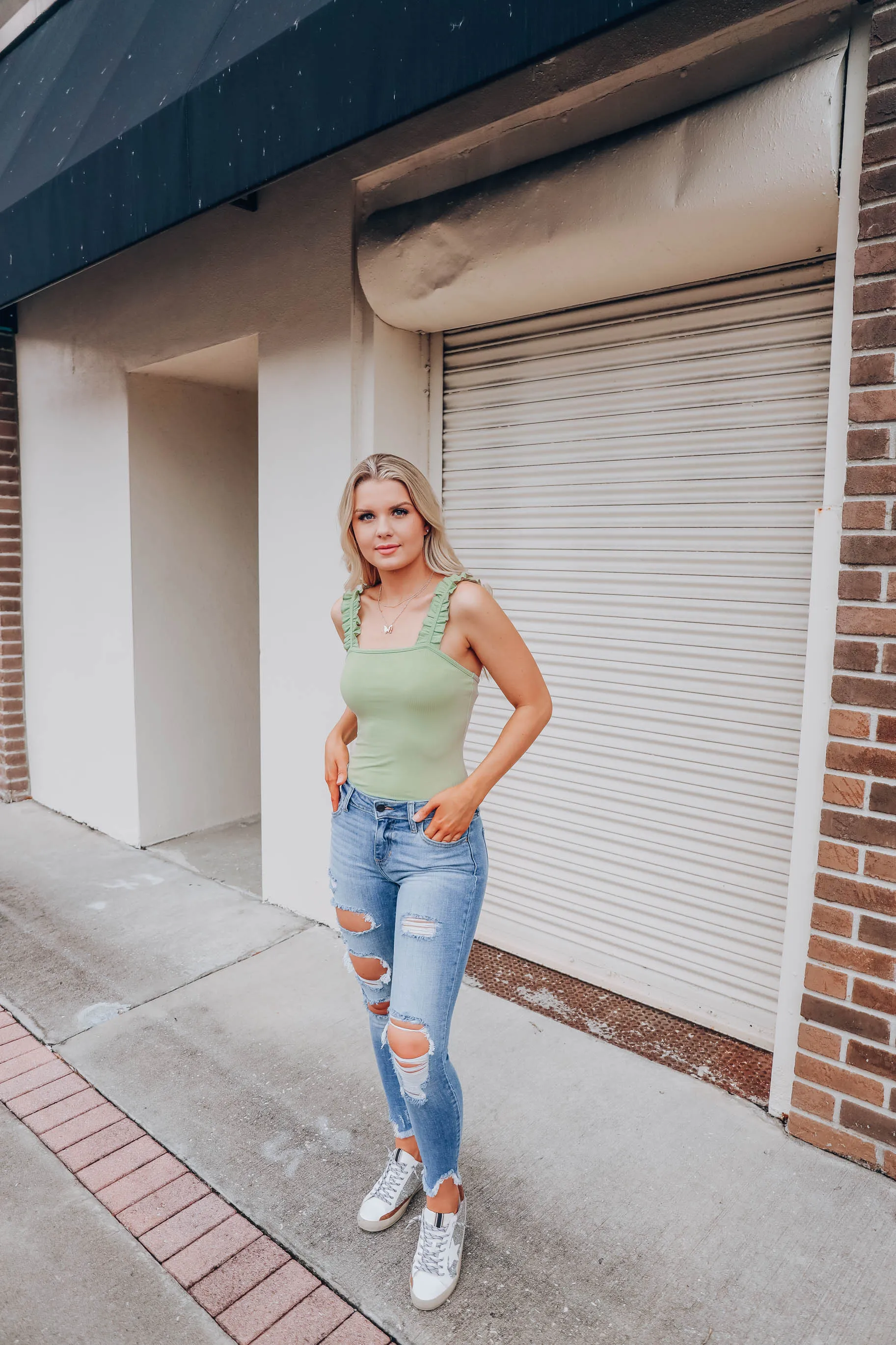 Ruffle Ribbed Bodysuit - Pale Green