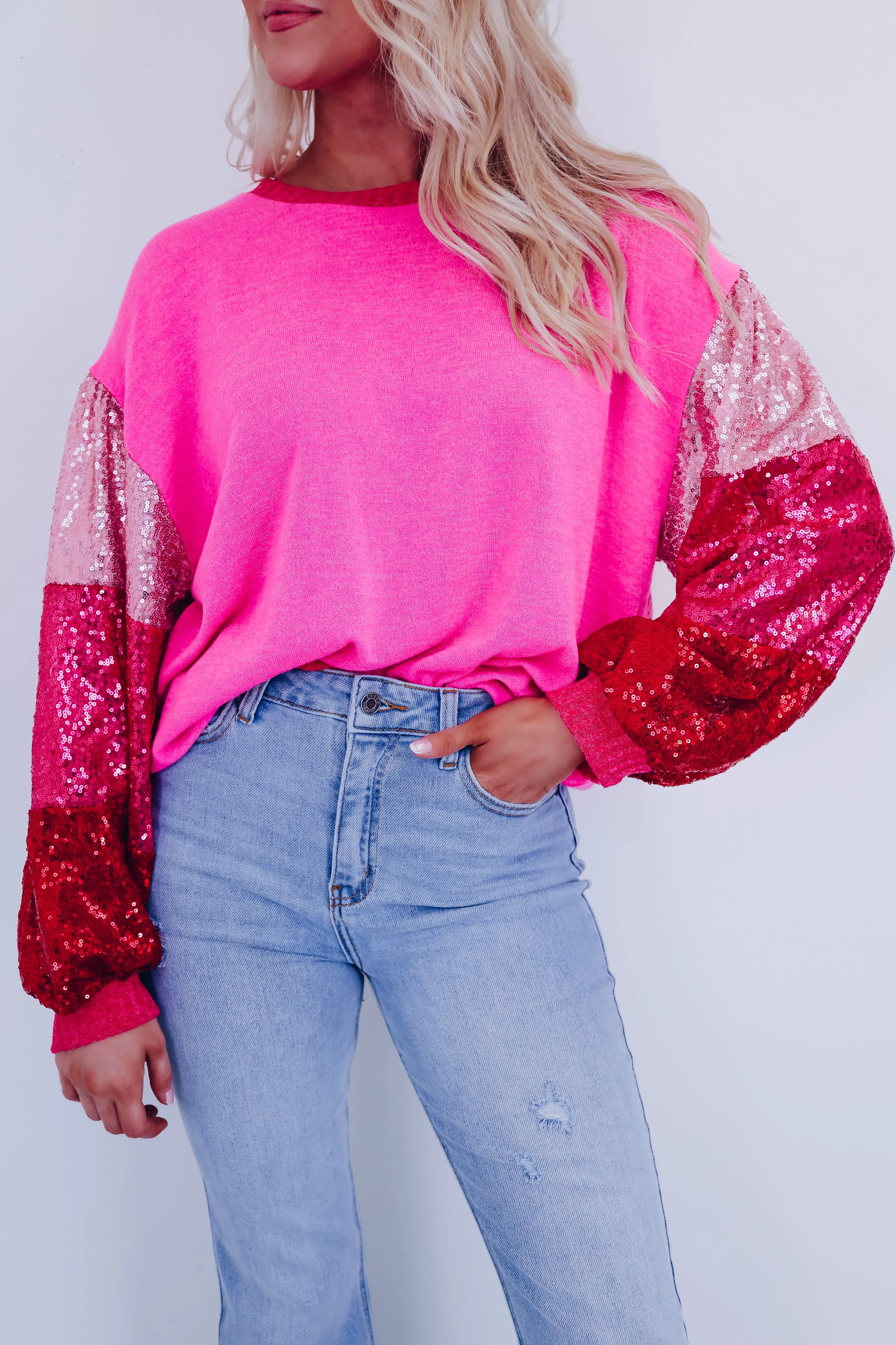 Sammi Sequin Sleeve Sweater - Pink