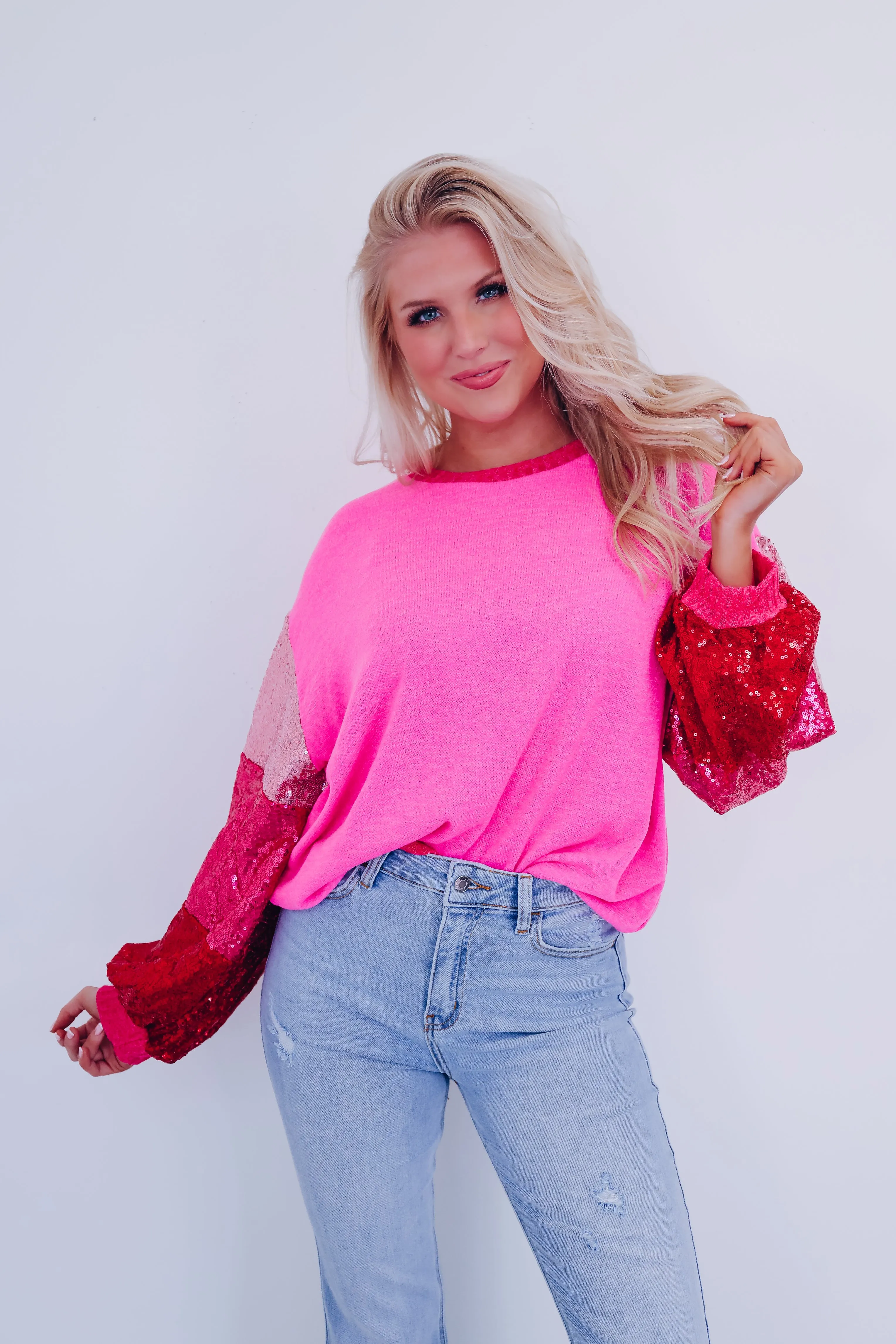 Sammi Sequin Sleeve Sweater - Pink