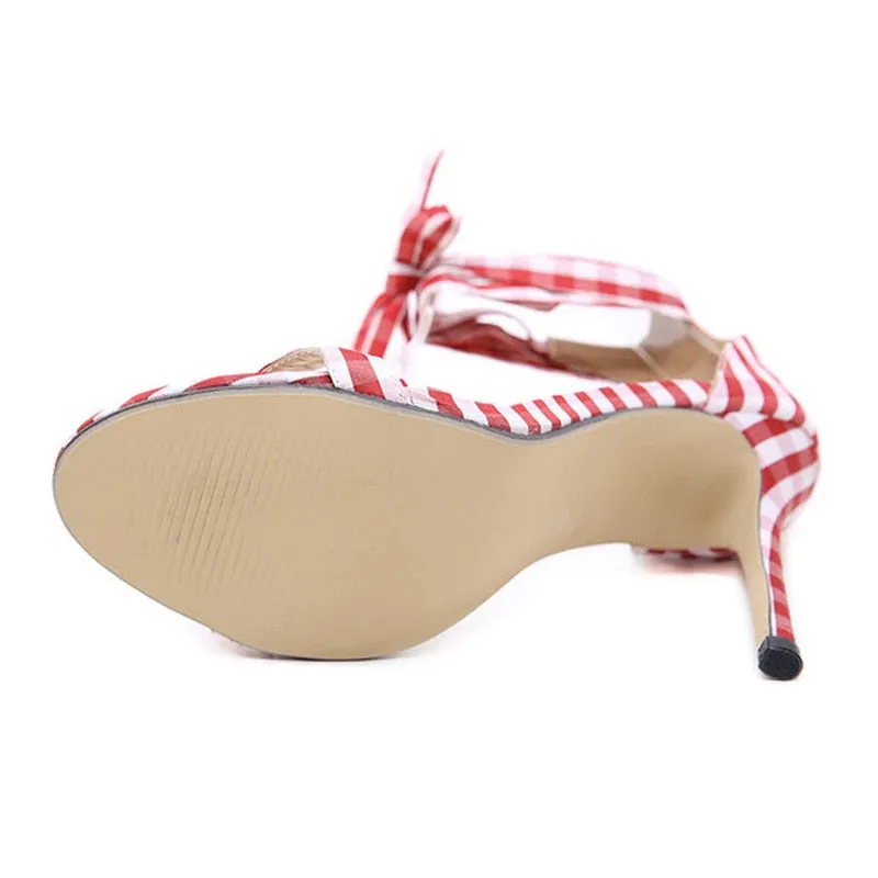 Scottish Plaid High Heels Cross-Tied Ladies Shoes Ankle Strap High Heel