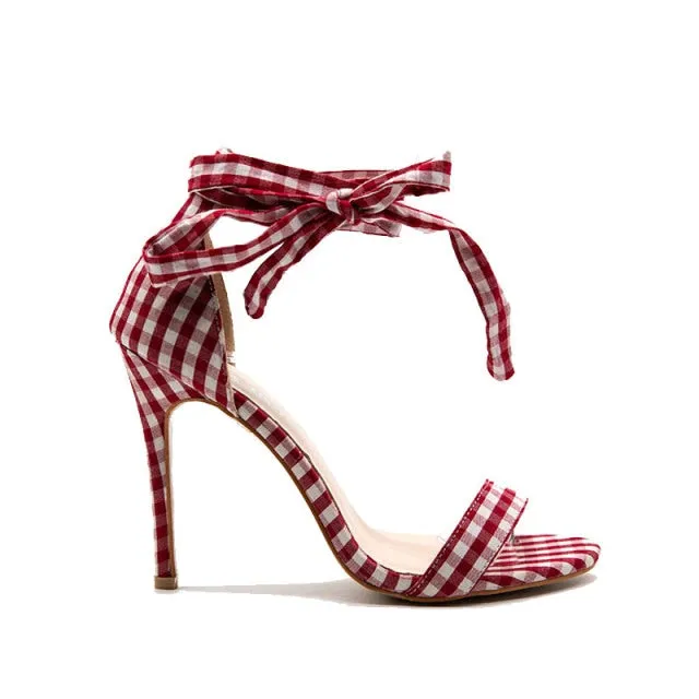 Scottish Plaid High Heels Cross-Tied Ladies Shoes Ankle Strap High Heel