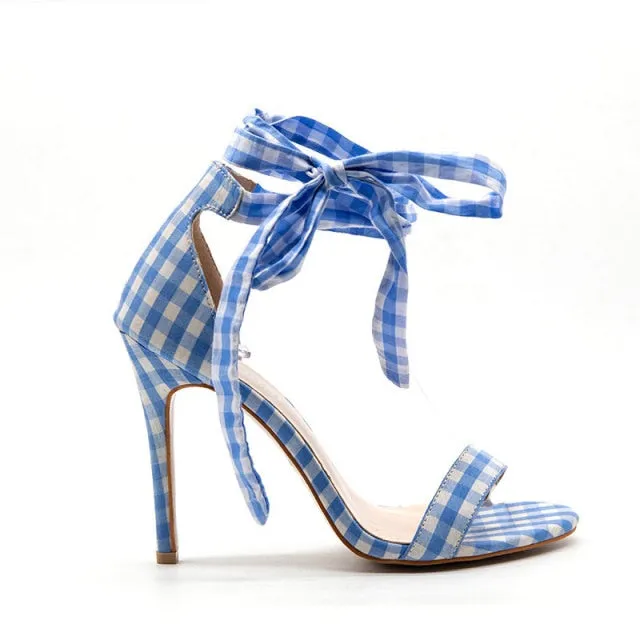 Scottish Plaid High Heels Cross-Tied Ladies Shoes Ankle Strap High Heel