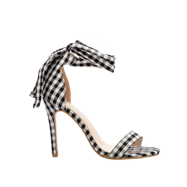Scottish Plaid High Heels Cross-Tied Ladies Shoes Ankle Strap High Heel