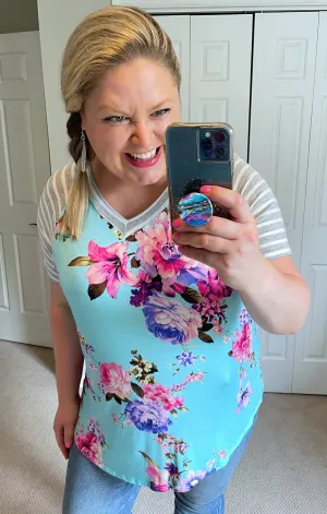 Short-Sleeved Stripes & Floral Raglan Tee in Aqua