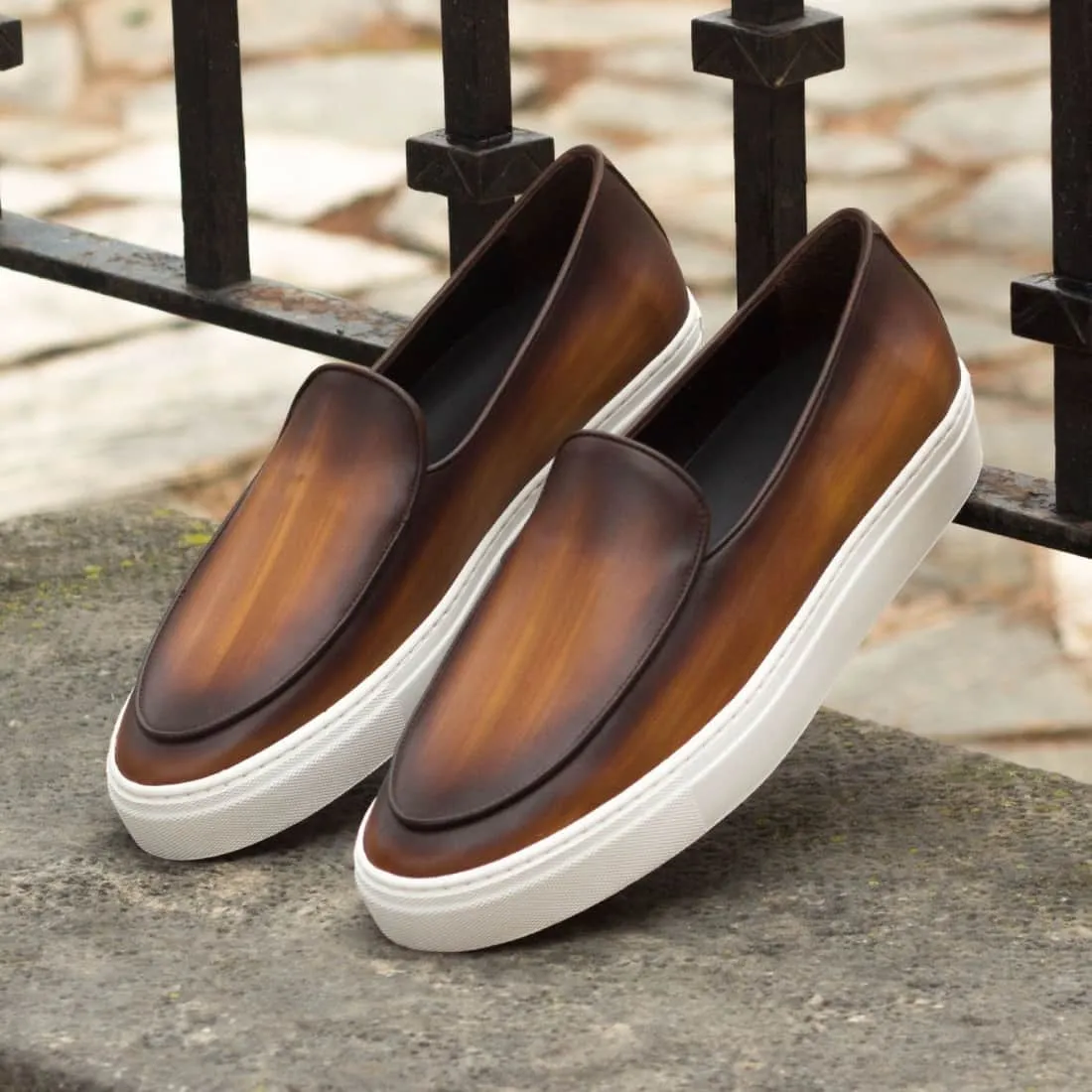 Sneaker Mocassin Belge en cuir patiné marron