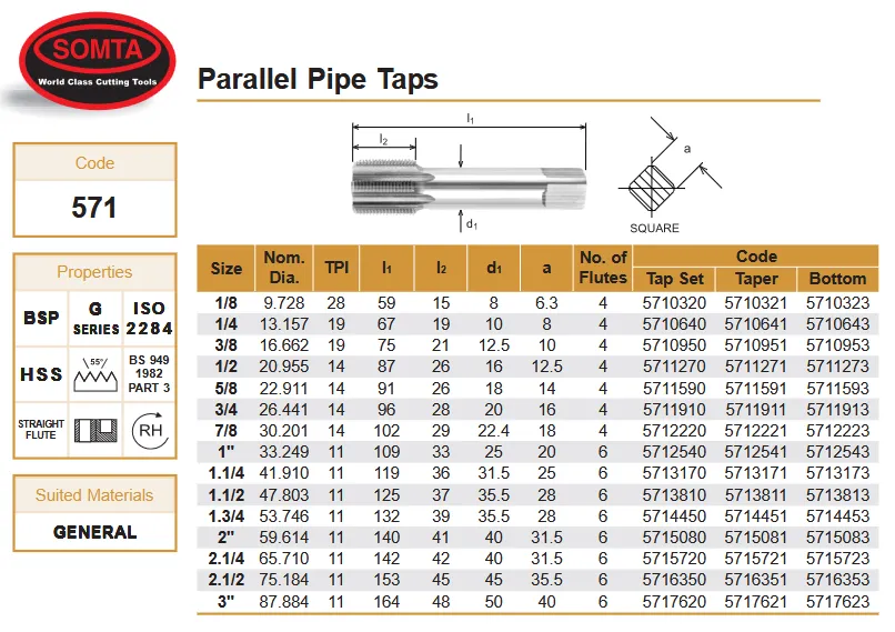 SOMTA - Series 571 HSS BSP-G Tap 1" Taper - Parallel Pipe Tap