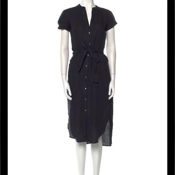 Standard James Sperse Navy Blue 100% Linen Button Front Tie Waist Shirt Dress XS