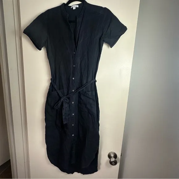 Standard James Sperse Navy Blue 100% Linen Button Front Tie Waist Shirt Dress XS