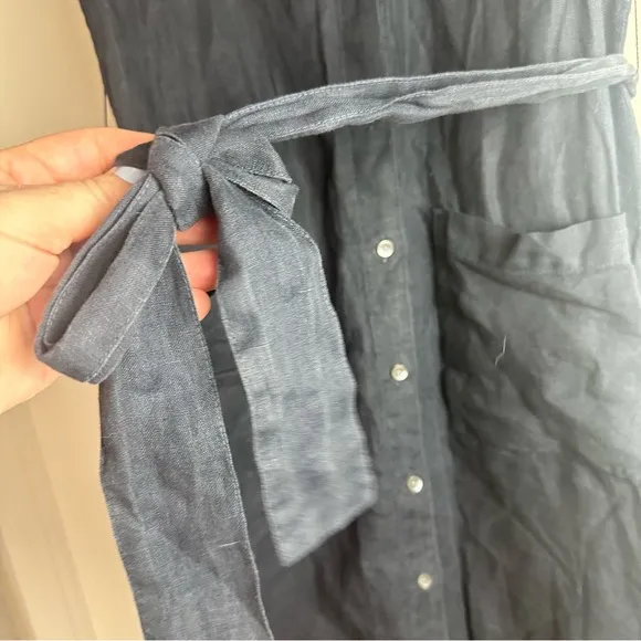 Standard James Sperse Navy Blue 100% Linen Button Front Tie Waist Shirt Dress XS