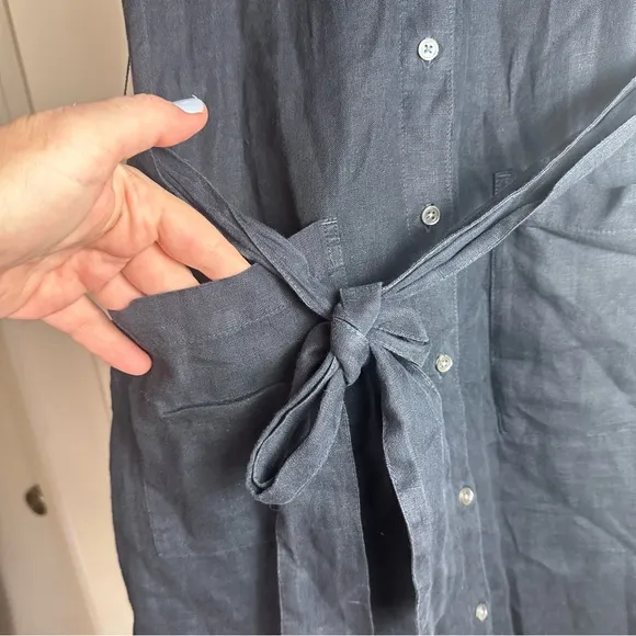 Standard James Sperse Navy Blue 100% Linen Button Front Tie Waist Shirt Dress XS