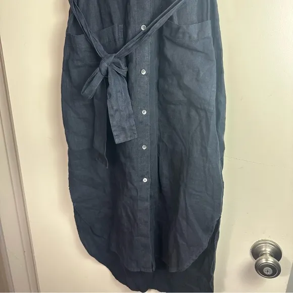 Standard James Sperse Navy Blue 100% Linen Button Front Tie Waist Shirt Dress XS