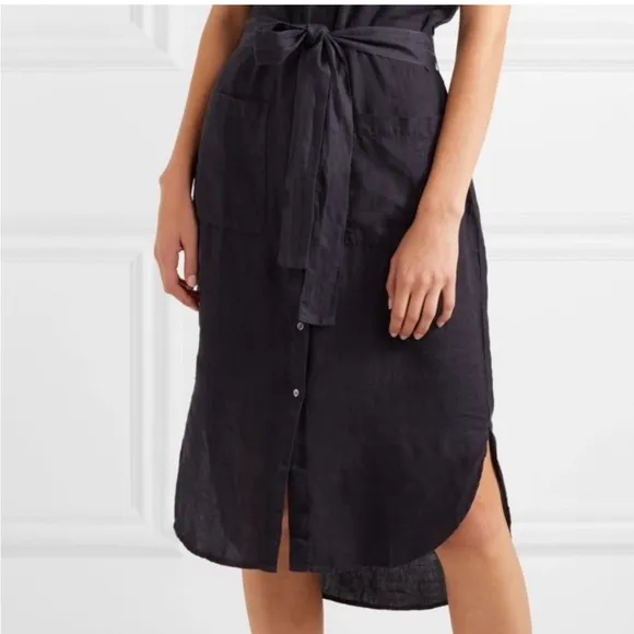 Standard James Sperse Navy Blue 100% Linen Button Front Tie Waist Shirt Dress XS