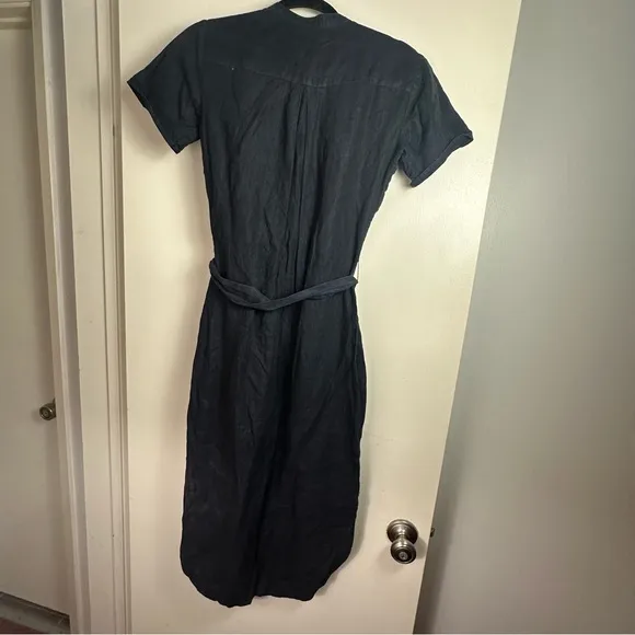 Standard James Sperse Navy Blue 100% Linen Button Front Tie Waist Shirt Dress XS