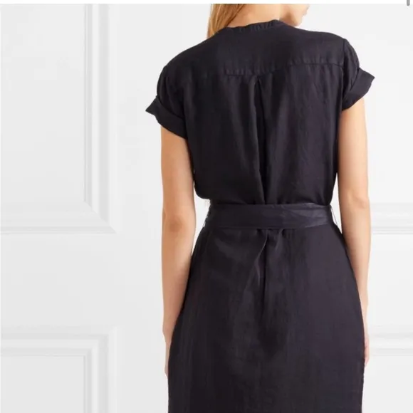 Standard James Sperse Navy Blue 100% Linen Button Front Tie Waist Shirt Dress XS