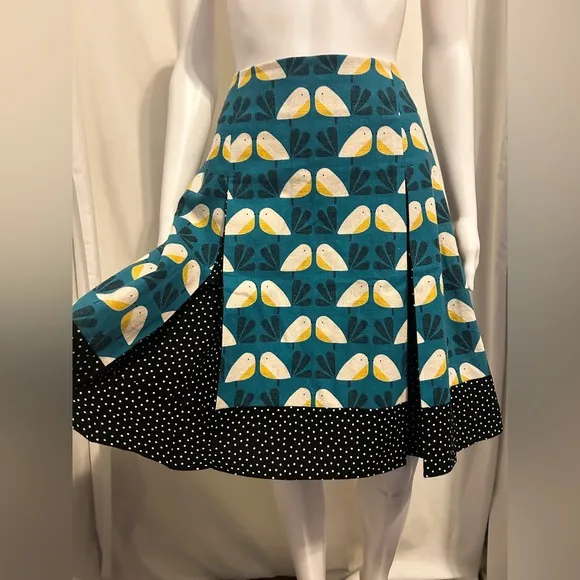 STAR G DESIGNS SZ M RETRO TEAL BIRD PRINT PLEATED SKIRT VINTAGE INSPO BOHO CHIC