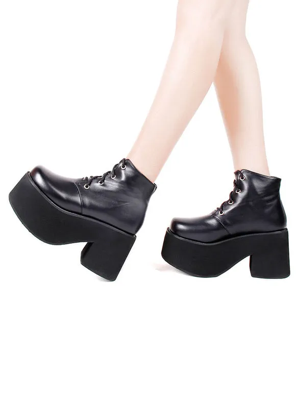 Steampunk Lolita Ankle Boots Black Round Toe Wedge Heel PU Leather Lolita Footwear