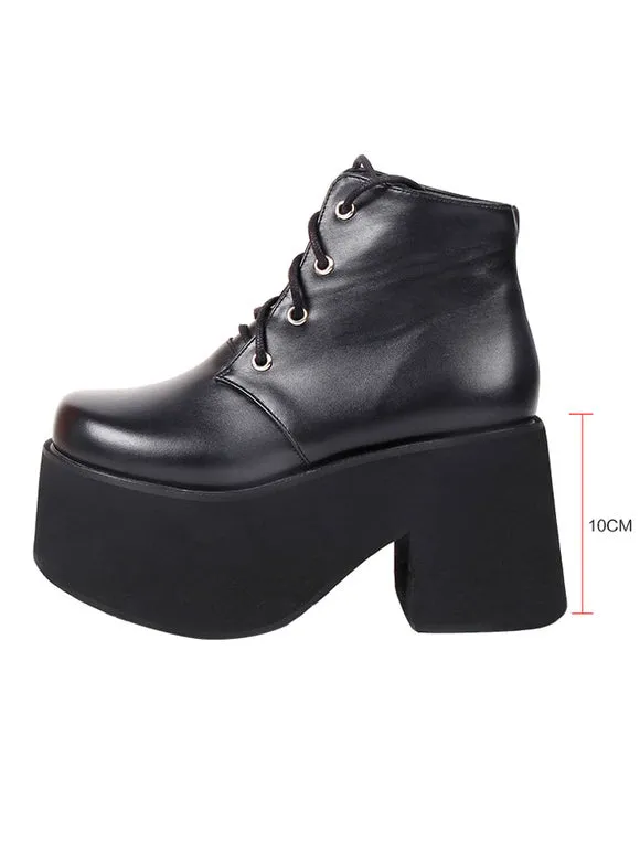Steampunk Lolita Ankle Boots Black Round Toe Wedge Heel PU Leather Lolita Footwear