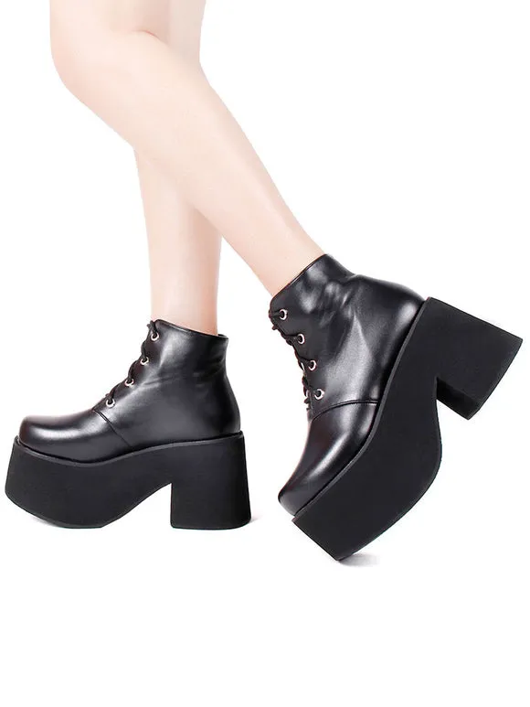 Steampunk Lolita Ankle Boots Black Round Toe Wedge Heel PU Leather Lolita Footwear