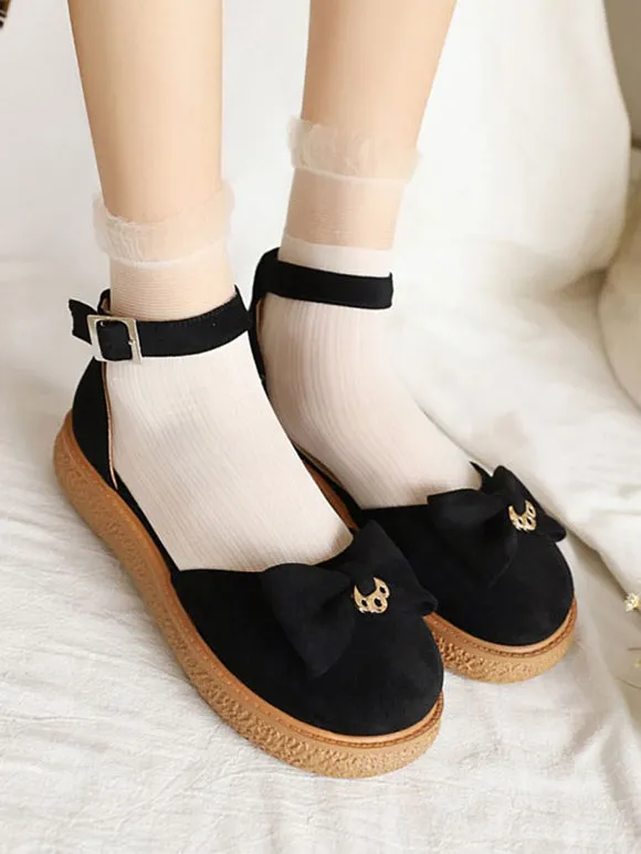 Sweet Lolita Sandals Bows Monogram Suede Round Toe Pink Lolita Summer Flat Shoes