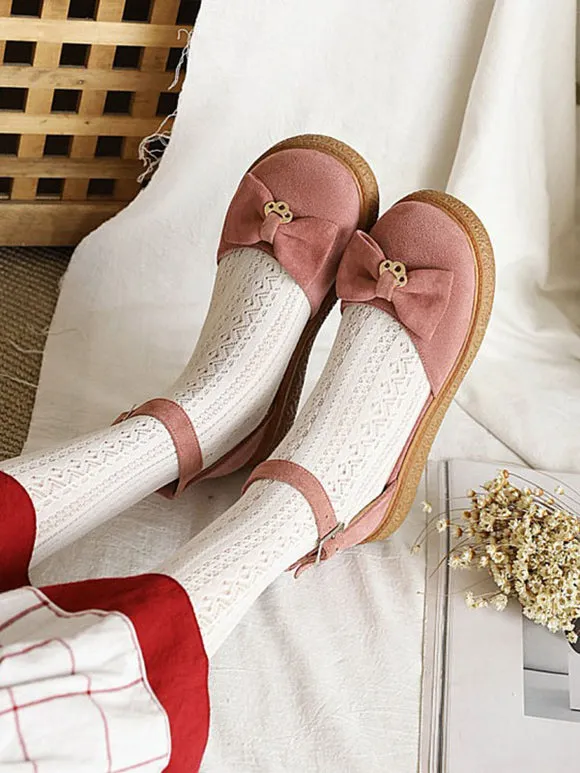 Sweet Lolita Sandals Bows Monogram Suede Round Toe Pink Lolita Summer Flat Shoes