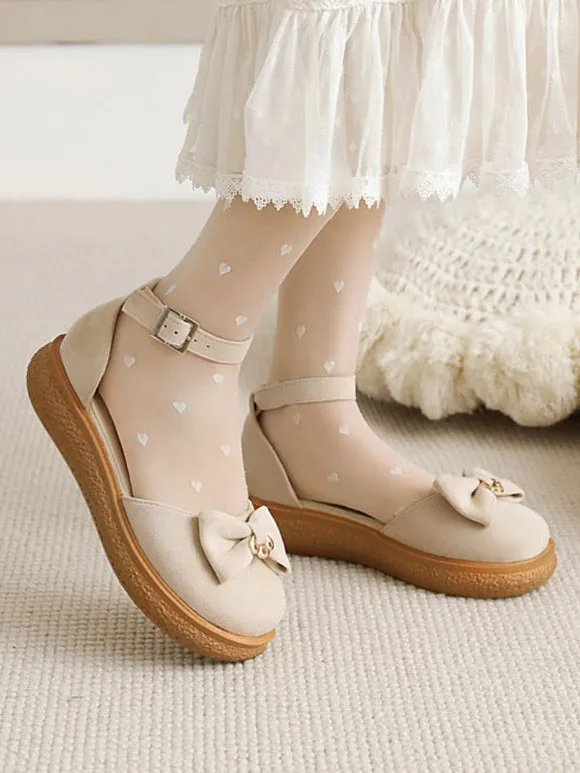 Sweet Lolita Sandals Bows Monogram Suede Round Toe Pink Lolita Summer Flat Shoes