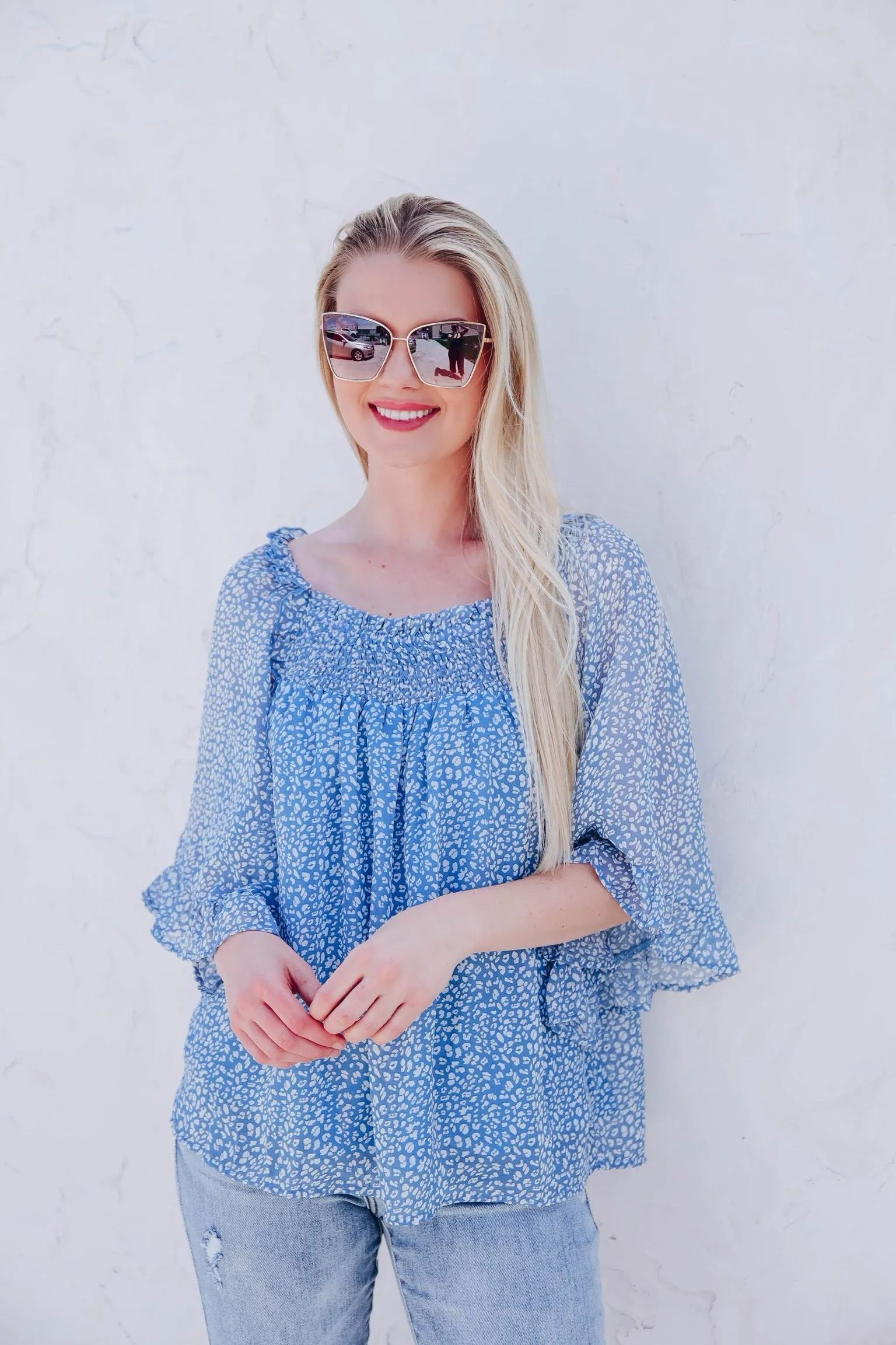 Tilly Smocked Neck Top - Blue