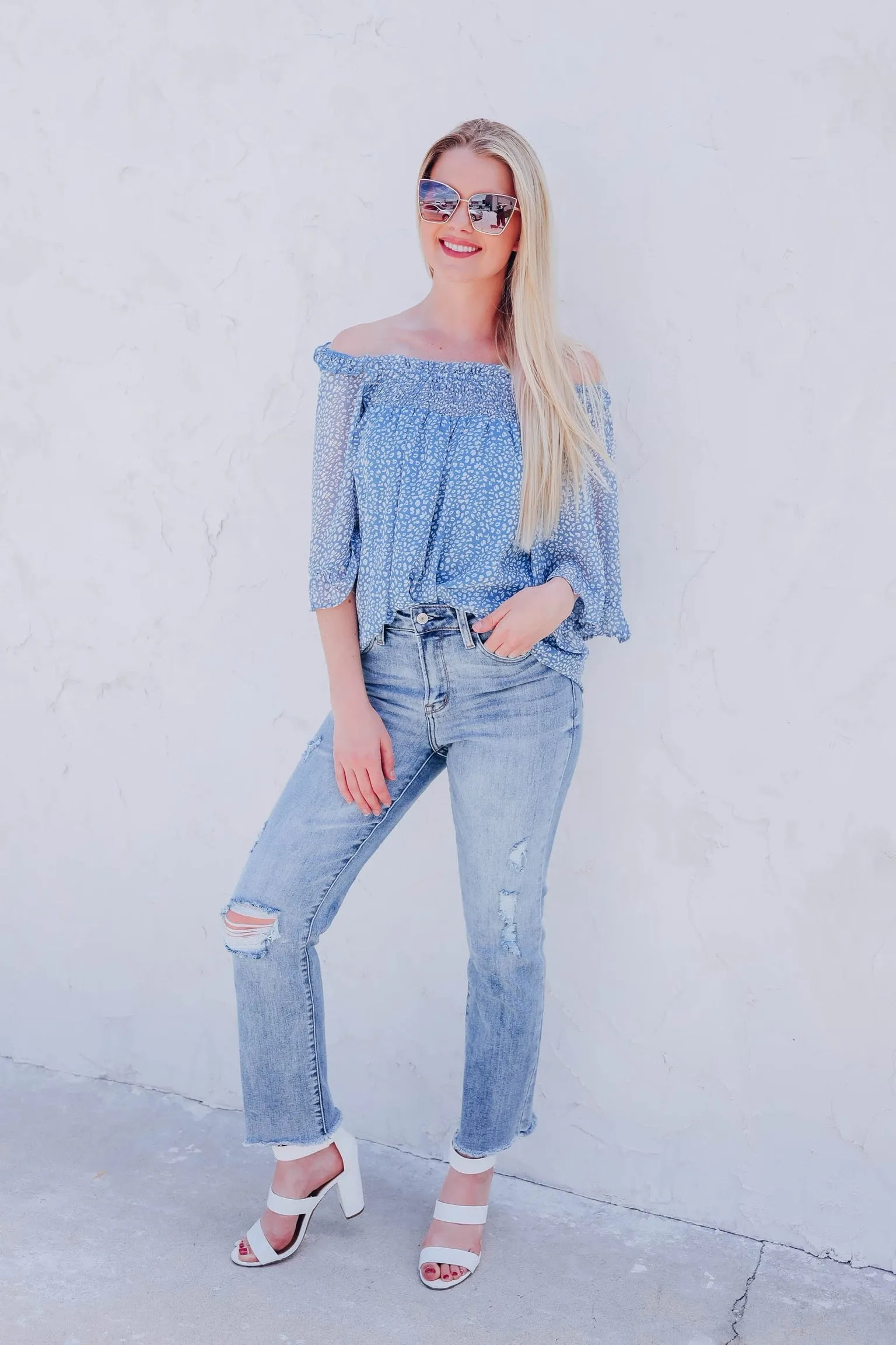 Tilly Smocked Neck Top - Blue