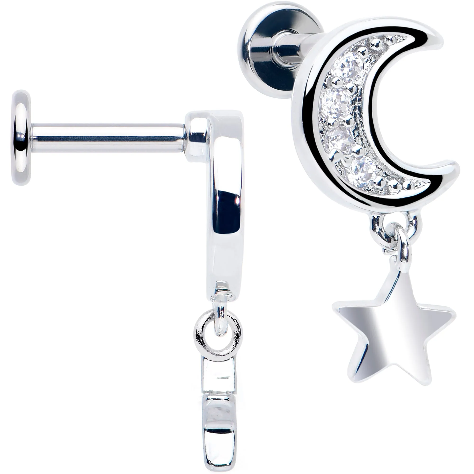 Titanium Flat Back Earring Set - CZ Crescent Moon Star Dangle 16 Gauge